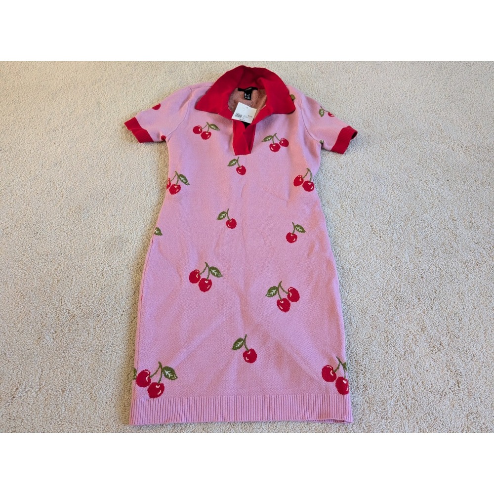 Forever 21 Pink Red Cherries Sweater Dress Size Small NWT